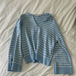 LOFT Striped Button Sleeve Split Neck Sweater